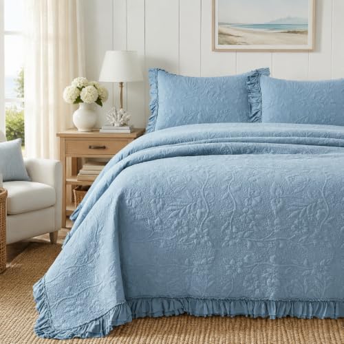 Brandream King Size Quilt Set Cotton Blue Quilts Shabby Chic Bedding Romantic Ruffle Bedspread Matelasse Coverlet Set 3-Piece