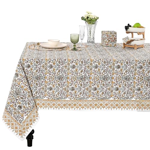 "Ridhi Goldenrod Yellow Hand Block Print Cotton Rectangle Tablecloth 108"" x 70"" inches Reusable Table Cover Decorative Everyday Use for Dining Room, Farmhouse, Home Gift for Spring, Mother's Day"