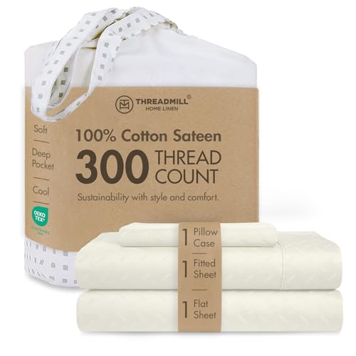Threadmill Cotton Twin XL Sheet Set - 100% Cotton Sheets for Twin XL Size Bed - Damask Jacquard Sateen Twin XL Bed Sheets Set with 16??? Deep Pocket - Soft Breathable 3-Piece Cooling Sheet Set - Ivory