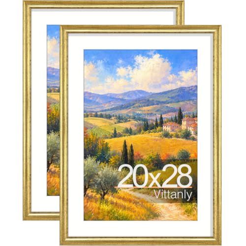 Vittanly 20x28 Picture Frames Set of 2, Ornate Vintage Photo Frame for Wall Mount, Display 16x24 Pictures with Mat or 20x28 without Mat, Rustic Gold