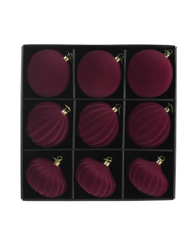WeRChristmas Set of 9 Burgundy Velvet Christmas Baubles, 10cm