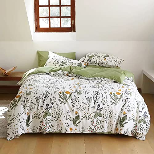 Karever Botanical Comforter Set King White and Green Floral Plant Bedding Set Garden Pattern Printed on White Reversible Blanket 3 PCs 1 White Comforter 2 Pillowcases