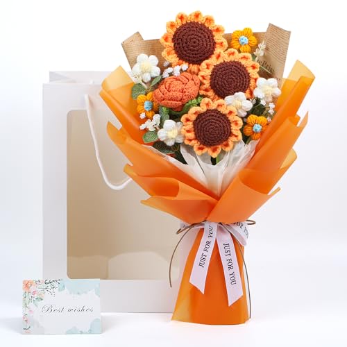 Crochet Flower Bouquet, Handmade Knitted Sunflower Faux Crochet Flowers for Home Decor Valentine???s Day Anniversary Weddings Birthdays Mother???s Day, Includes Gift Bag and Greeting Card (Sunflower)