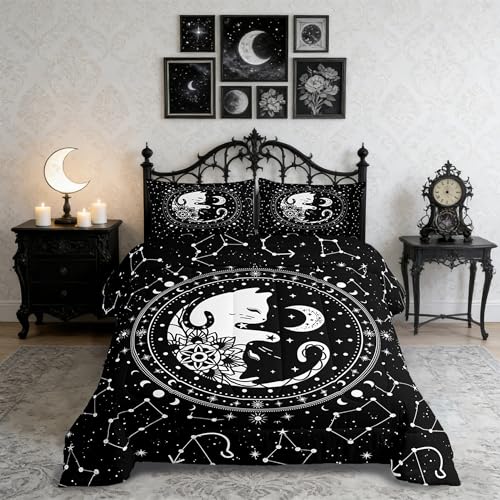 Black White Cat Comforter Set Queen,Gothic Star Sky Moon Constellation Bedding Set 3pcs for Kids Teens Boy Girls Room Decor,Animals Flower Plants Quilt Set Exotic Gothic Duvet Insert,2 Pillowcases