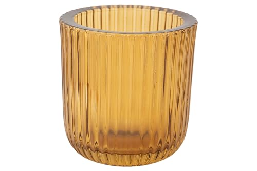 Cosy Home Set of 6 Glass Ribs Candlesticks, Amber, 7.5 x 7.5 x 8 cm