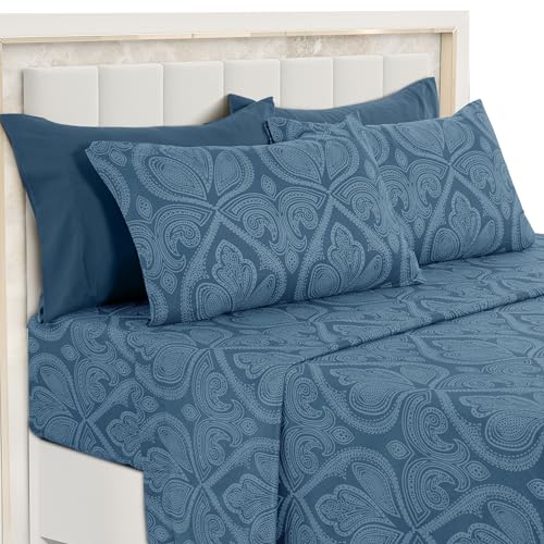 LUX Décor Paisley Queen Sheet Set, 6 PC Soft Microfiber Wrinkle Free Sheets - Luxurious Printed Bed Sheets Includes Flat Sheet, Fitted Sheet with Deep Pockets, & 4 Pillowcases - Navy Blue