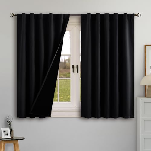 BGment Dark Grey 100% Blackout 48 Inch Curtains for Small Window, Rod Pocket and Back Tab Double Layer Black Out Thermal Insulated Room Darkening Curtain for Kitchen, 2 Panels, Each 42 x 48 Inch