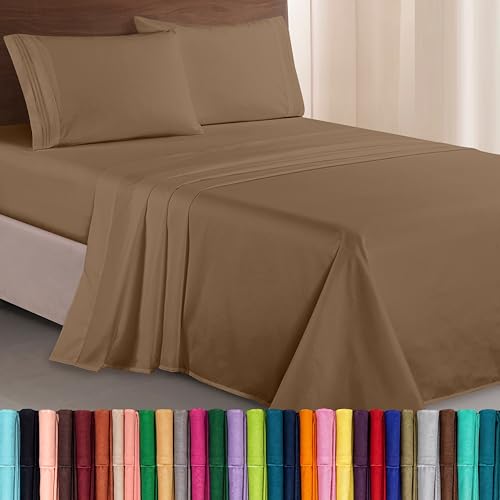Elegant Comfort Luxurious 1500 Premium Hotel Quality Microfiber Three Line Embroidered Softest 4-Piece Bed Sheet Set, Wrinkle and Fade Resistant, Twin/Twin XL, Taupe