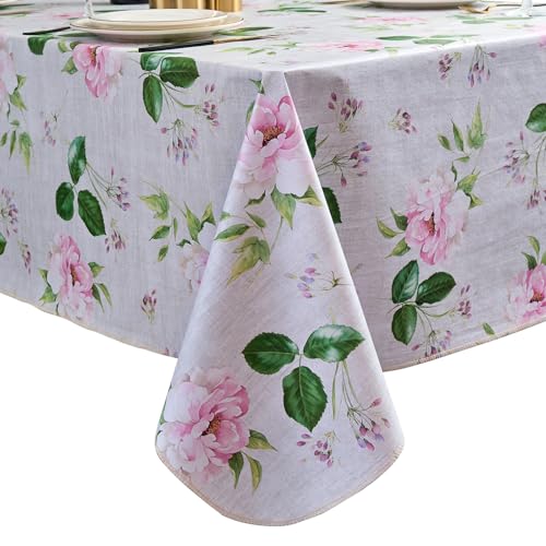 LIBERECOO Reinforced Vinyl Tablecloth with Flannel Backing Waterproof Oil-Proof Floral Plastic Table Cloth Stain-Resistant Wipeable Table Cover Not Stiff