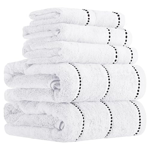 Lavish Home Luxury Cotton Towel Set- Quick Dry, Zero Twist and Soft 6 Piece Set With 2 Bath Towels, 2 Hand Towels and 2 Washcloths (White/Black)