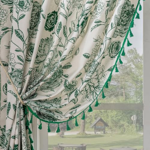 F-CHU Green Floral Farmhouse Curtains Living Room Drapes 84 Inch Length Cotton Linen Boho Window Curtain with Tassel Rod Pocket Bedroom Macrame Drapes Flower Curtains, 2 Panel