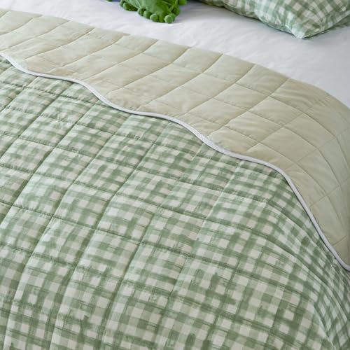 furn. Scallop Bedspread – Reversible Quilted Gingham Check Scalloped Edge Coverlet Bedding (Sage – 265x265cm)