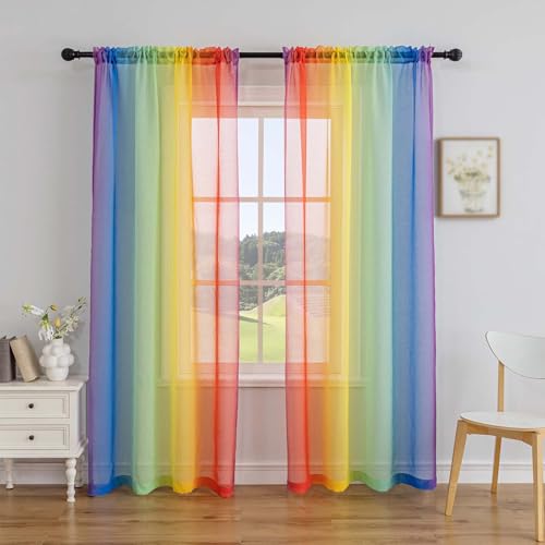 Anytime Rainbow Sheer Curtain Panels for Living Room Elegant Window Treatment Sets Light Filtering Translucent Draperies for Office (2 Panels,W52 x L63inch)
