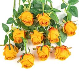 Flojery 10pcs Artificial Rose Flowers Long Stem Fake Silk Roses for DIY Wedding Bouquet Table Centerpiece Home Decor (Orange)