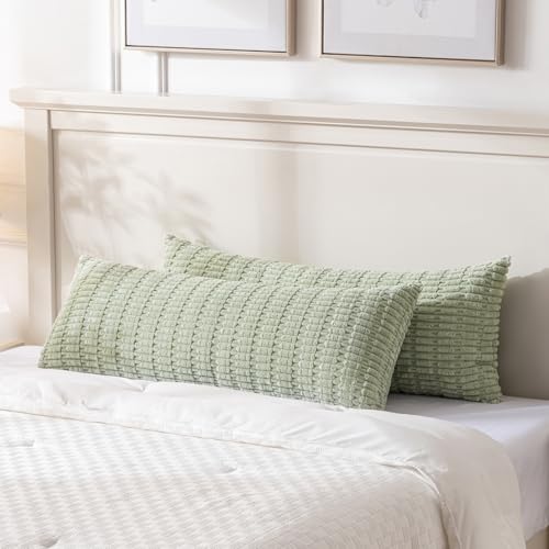 Fancy Homi 2 Packs Sage Green Long Lumbar Decorative Throw Pillow Covers 14x36 Inch for Bed Couch Bedroom, Soft Corduroy Rectangle Solid Cushion Case 35x91 cm, Rustic Farmhouse Boho Room D??cor