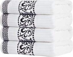 Superior 4-Piece Bath Towel Set, Greek/Floral Decor for Bathroom, Guest Bath, Spa, Resort, Home Essentials, Absorbent Cotton, Adults and Kids, Fast Drying Towels, Athens Collection, Black
