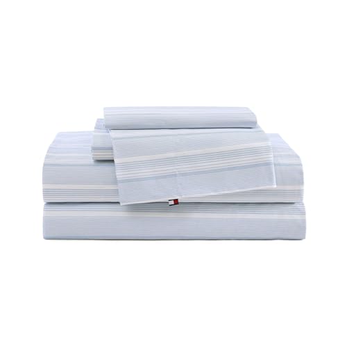 Tommy Hilfiger - Queen Bed Sheets, Crisp & Cool Cotton Percale Bedding with Matching Pillowcases, Lightweight Bed Set, Oeko-Tex Certified (Sailing Stripe Blue)