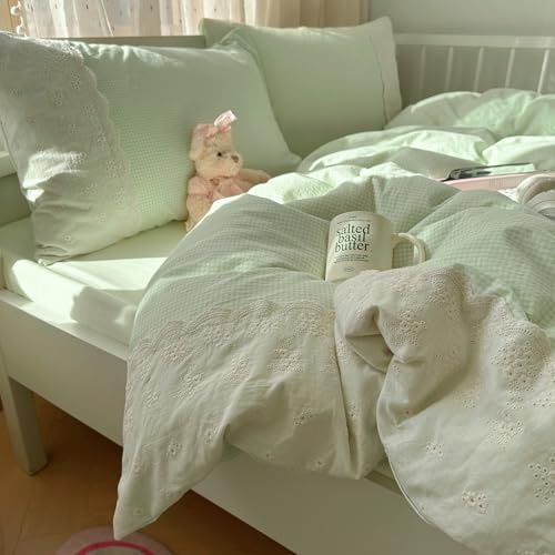 Green Gingham Duvet Cover Queen 3 Pieces Romantic Lace Duvet Cover Soft Washed Microfiber Green Grid Plaid Comforter Cover with 2 Pillowcases Farmhouse Checkered Gingham Bedding Set