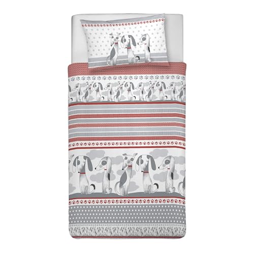 PENSIERI DELICATI 100% Cotton Single Duvet Cover Set, Complete with 155 x 200 cm Bag and 1 Pillowcase 52 x 82 cm, Made in Italy, Duvet Cover Machine Washable At 40 Degrees, Baubau Red Design