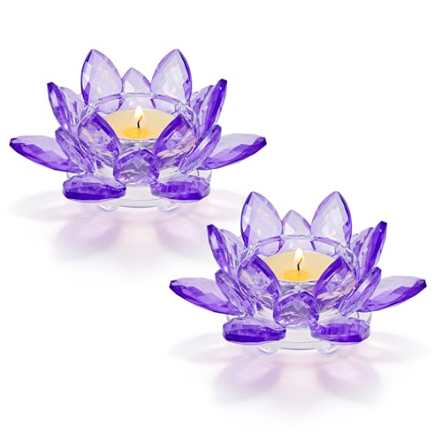 Kolnlala 2 Pcs Purple Crystal Lotus Flower Tealight Candle Holder - Glass Votive Candlestick Decor for Home, Wedding, Party & Christmas Table Centerpieces