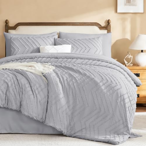 Litanika California King Comforter with Sheets, 7 Pieces Boho Bed Set - Light Grey Bed in a Bag Fluffy Lightweight Neutral Soft Warm Chevron Tufted Textured Bed Set