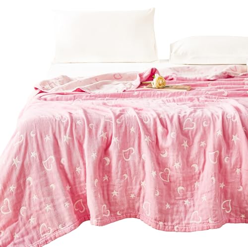 MEJU Love Star Moon Pink Heart Girls Muslin Blanket Decor All Season for Bed Sofa Couch 100% Cotton 3 Layer Soft Warm Reversible Bedspread Throw Blanket Bed Coverlet Sheet Twin 60 in x 80 in