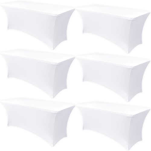 Obstal 6 Pack Stretch Spandex Table Covers for 8 Foot Tables - 8 FT Universal Rectangular Fitted Tablecloth Protector for Wedding, Banquet, Party (White, 96 Length x 30 Width x 30 Height Inches)