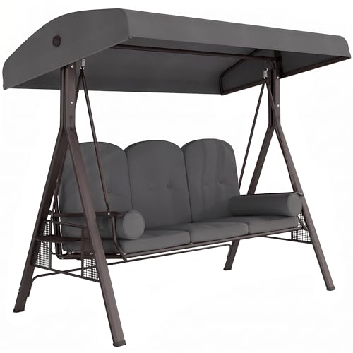 Outsunny 3 Seater Canopy Swing Chair, Outdoor Garden Swing Seat with Adjustable Canopy, Cushions and Cup Trays, Steel Frame, Dark Grey