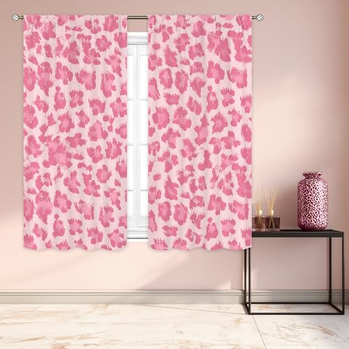 "Pink Leopard Cute Cheetah Modern Trendy Living Room Bedroom Window Curtains - 42""W x 63""L Rustic Vintage fade-proof print, 2 panels, rod pocket, easy to install and washable."