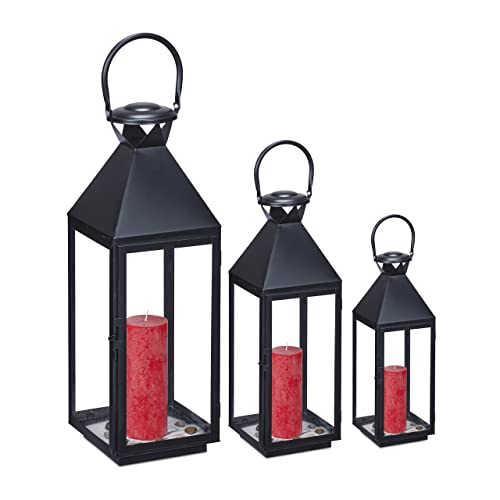 Relaxdays Lanterns Set of 3, Decorative Candle Holders for Outdoors & Indoors, 3 Sizes, Metal and Glass, Black