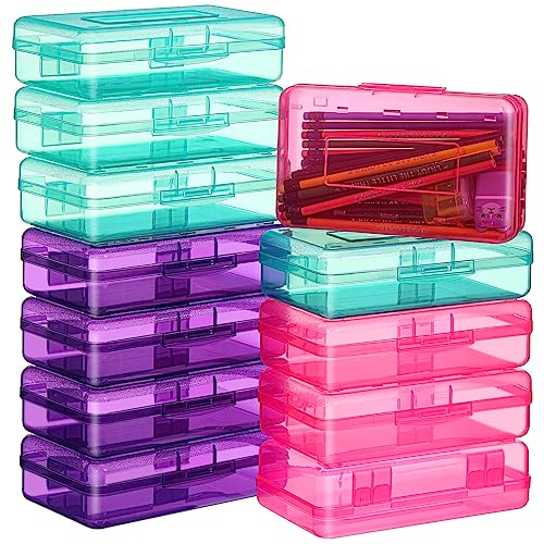Fainne 24 Pack Clear Pencil Box Large Capacity Stackable Plastic Hobby Art Craft Case Bulk Organize Box Small Storage Containers for DIY Office School (Green, Purple, Pink)