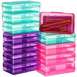 Fainne 24 Pack Clear Pencil Box Large Capacity Stackable Plastic Hobby Art Craft Case Bulk Organize Box Small Storage Containers for DIY Office School (Green, Purple, Pink)