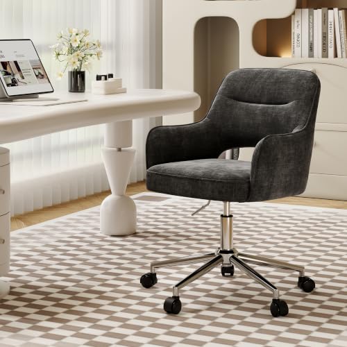 MALOL Fabric Office Chair with Armrest, Hollow Backrest Desk Chair, Swivel Makeup Vanity Chair with Height Adjustable for Home Office, Bedroom, Study (Dark Grey)