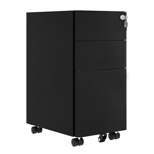 DWVO 3 Drawer Lockable Filing Cabinet Mobile Steel Office Black 30x45x61cm