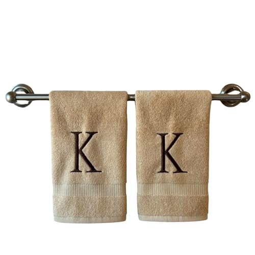 Beige with Brown Monogrammed Hand Towels for Bathroom - Set of 2 Letter K - Luxury Hotel Quality Initial Towels For Powder Room, Spa, GOTS Organic Certified