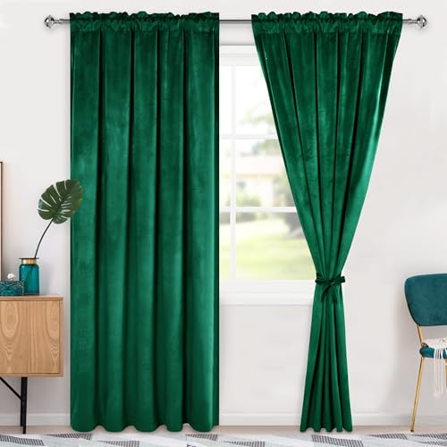 Hiasan Green Velvet Curtains 84 inches-Blackout Thermal Insulated Solid Soft Curtains for Bedroom Living Room Rod Pocket Room Darkening 2 Panels Window Drapes with Tiebacks, 60W x 84L