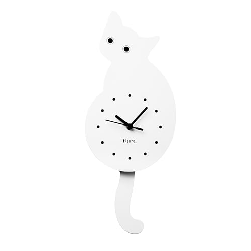 FISURA - Original Wall Clock, White Kitchen Clock, Bedroom, Bathroom & Living Room Accessories, Cat Shape with Pendulum (Cat's Tail)