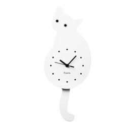 FISURA - Original Wall Clock, White Kitchen Clock, Bedroom, Bathroom & Living Room Accessories, Cat Shape with Pendulum (Cat's Tail)