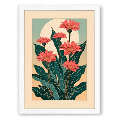 Potted Coral Blossom Botanical Framed Wall Art Print A3 (42×29.7cm) White, Wall Decor for Living Room, Bedroom, Office & Home, Ready to Hang, Art Gift