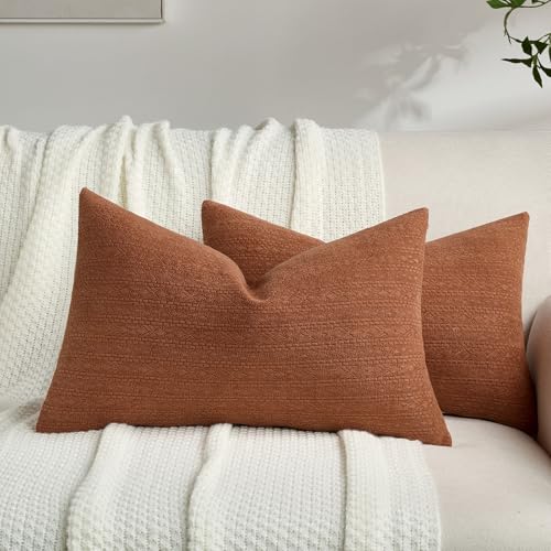 FUTEI Rust Chenille Throw Pillow Covers 12x20 Inch Set of 2,Luxuriously Soft Argyle Textured Lumbar Pillow Cases,Modern Home Decor for Couch Living Room
