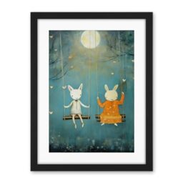 Artery8 Rabbits on a Swing with Moonlit Butterflies Calming Baby Nursery Artwork Framed Wall Art Print 18X24 Inch