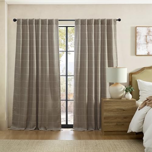 "Elrene Home Fashions Sawyer Windowpane Plaid Blackout Window Curtain Panel with Rod Pocket/Back Tabs for Living Room/Bedroom/Office, 52""x95"", Taupe"