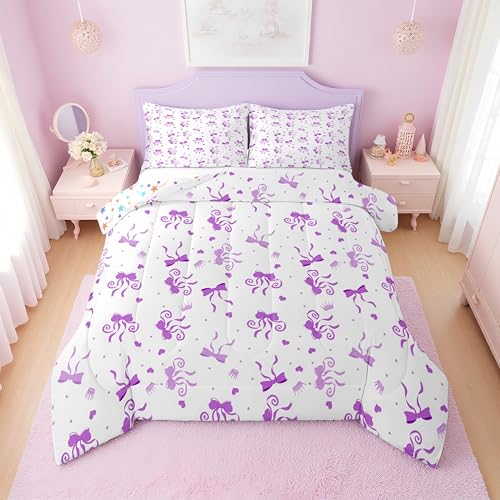 Erosebridal Girls Purple Bow King Comforter Set - Cute Coquette Purple Bows Bedding Set for Kids Women, Princess Ribbon Bow Tie Quilt, Bowtie Love Valentines Bedroom Decor, 2 Pillowcases