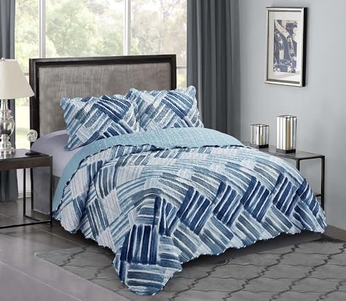 "Brilliant Sunshine Blue & Grey Stripe Blocks Patchwork Quilt, Queen Size - Soft Reversible Bedspread, Lightweight Coverlet with Shams, Washable Bedding Set, All Seasons, 90""x90""+2 20""x26"""