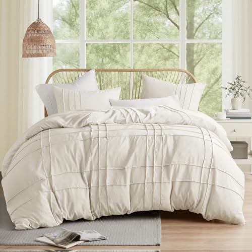 Comfort Spaces Cream King Duvet Cover Set - 3 Pieces Pintuck Pleated Farmhouse Duvet Cover, All Season Lightweight, Cotton-Like Softness Pre-Washed Microfiber King Bedding Cover Shams, King/Cal King