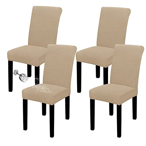 Easy-Going 100% Waterproof Dining Room Chair Cover Set of 4, Stretch Jacquard Parson Chair Slipcover Removable Washable Chair Protector for Home, Restaurant, Banquet (XLarge, Sand)
