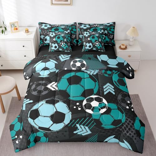 Feelyou Boys Soccer Comforter Set with Sheets Twin Size 7 Pieces Kids Football Bedding Set for Girls Teens Sports Ball Gaming Geometric Bed in a Bag Room Decor