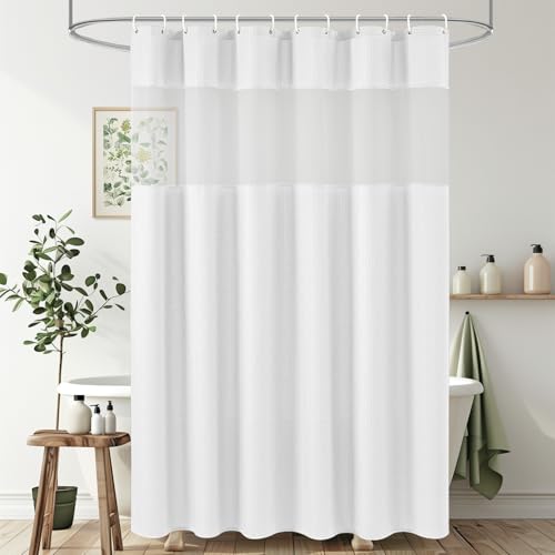 UFRIDAY White Waffle Weave Fabric Shower Curtain with Mesh Window 72x84 inch