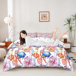 Colorful Coral Fish Duvet Cover Set Queen Size,Ocean Underwater World Bedding Set,Watercolor Sea Life Comforter Cover for Kids Teens Adult Room Decor,Summer Hawaii Style Quilt Cover,2 Pillowcases