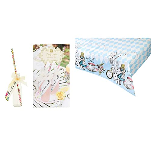 Talking Tables Alice in Wonderland Party Supplies Party Drink Set Great for Mad Hatter Tea Party & Blue Alice in Wonderland Paper Table Cover - Disposable Tablecloth, Home Recyclable, 180x120cm